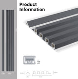 Silver gray metallic WPC fluted 3D wall panel diagram showing 96-inch length, profile dimensions, trim, and mounting clips