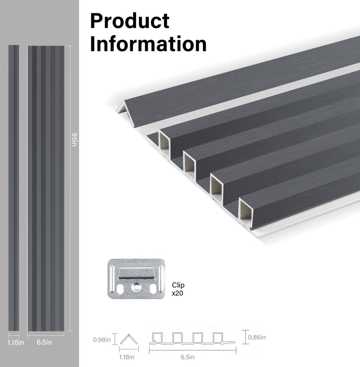 Silver gray metallic WPC fluted 3D wall panel diagram showing 96-inch length, profile dimensions, trim, and mounting clips