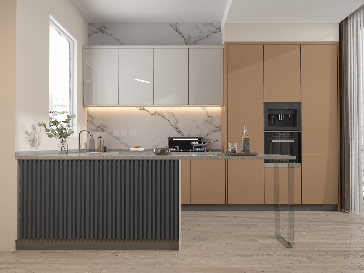 Silver gray metallic WPC fluted 3D wall panels installed across a modern kitchen island