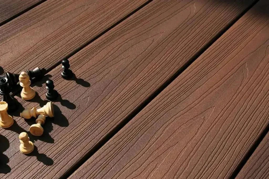 Brown teak composite decking board with chessboard-inspired design