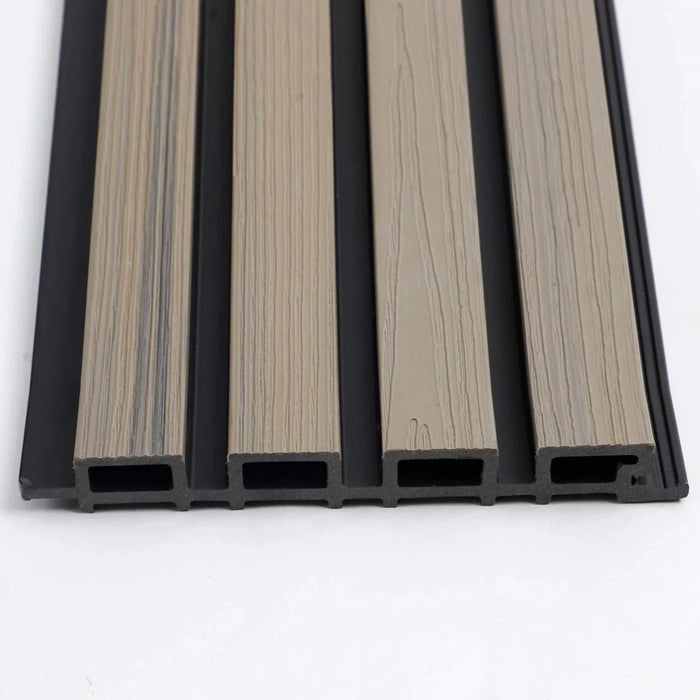 Dark brown wood grain composite wall cladding with light brown grooves