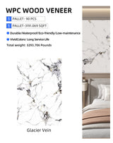 Glacier Vein panel information graphic with marble pattern sample, bedroom installation, and pallet quantity details