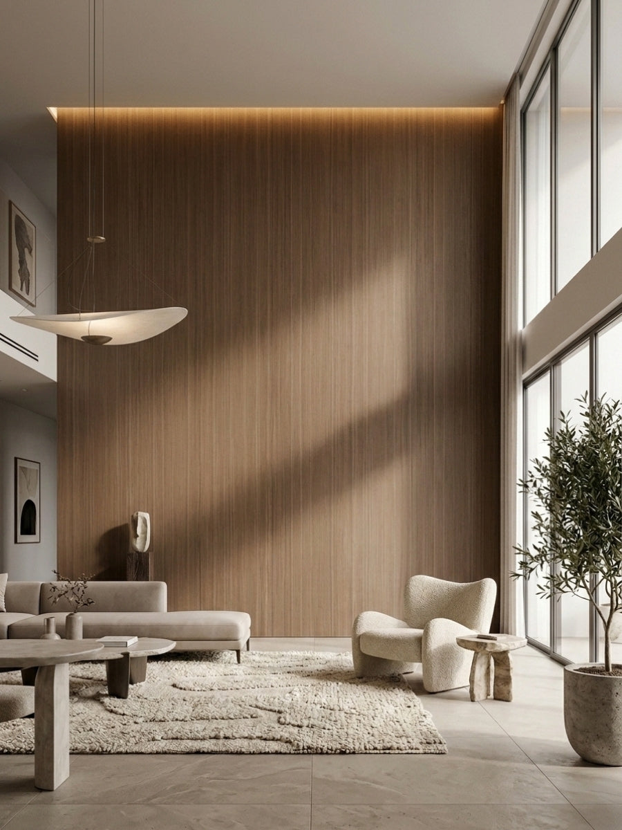 Tall walnut wood veneer panel feature wall in a bright contemporary living room