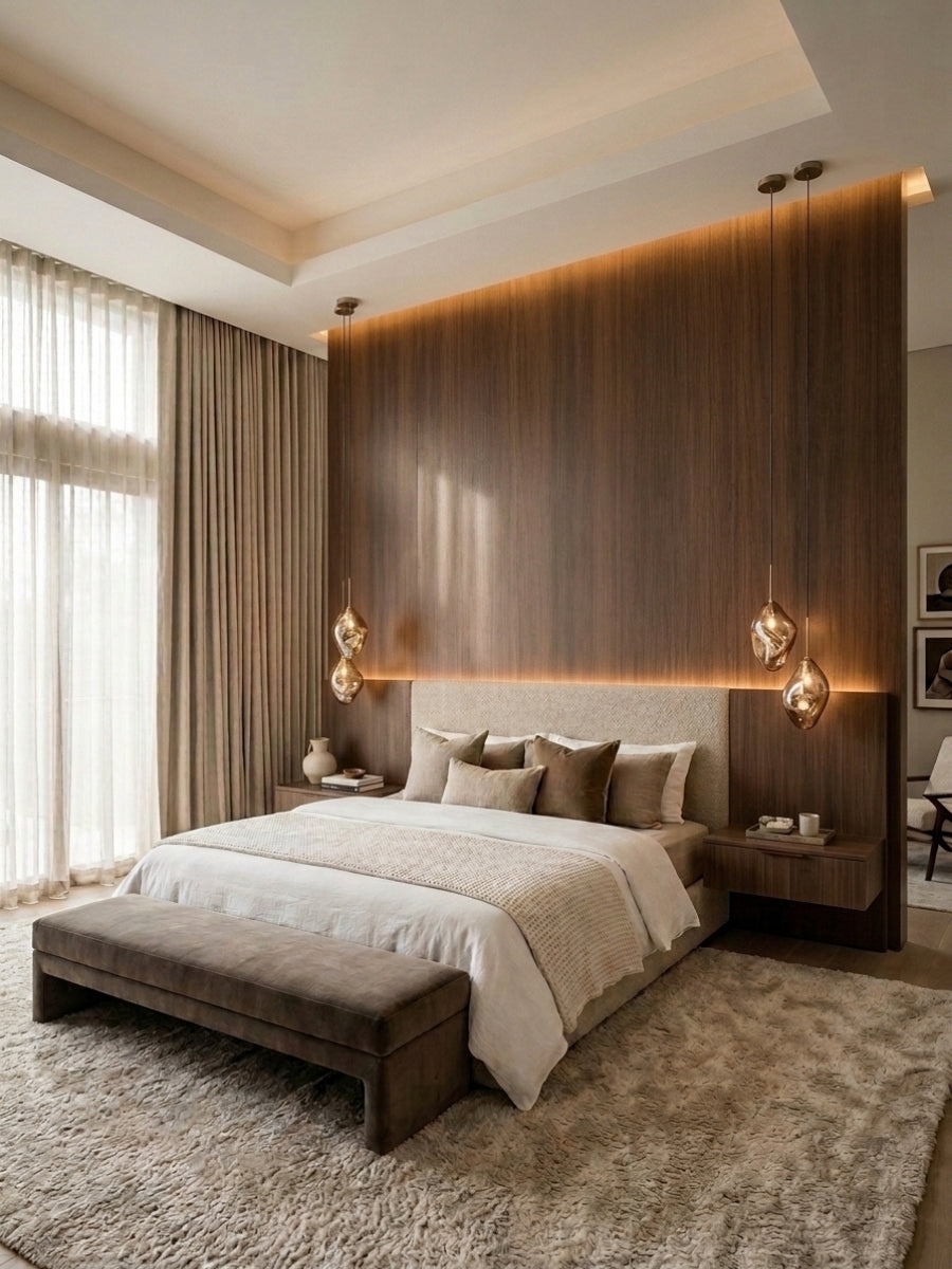 Walnut wood veneer panels forming a floor-to-ceiling accent wall behind a modern upholstered bed