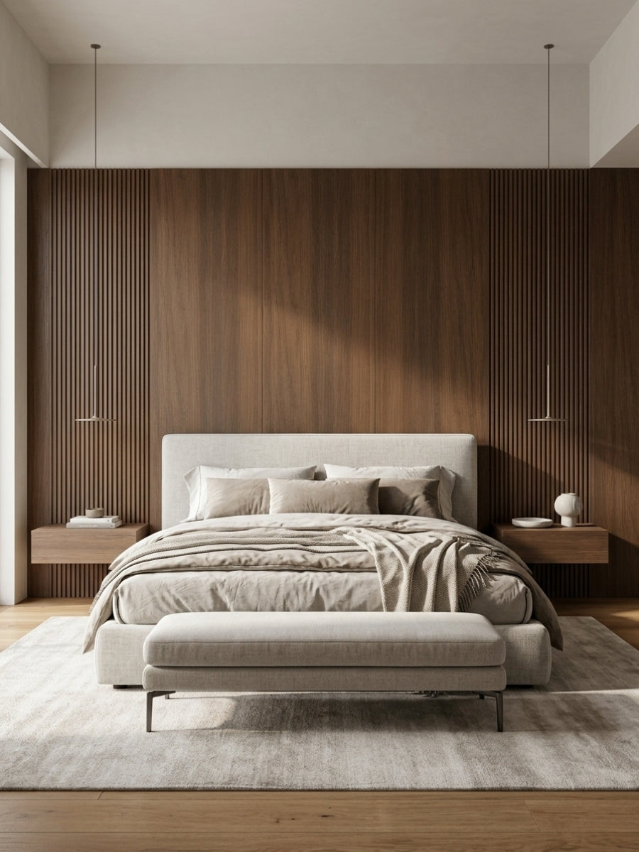 Walnut wood veneer panel feature wall with vertical slatted sections behind a neutral upholstered bed