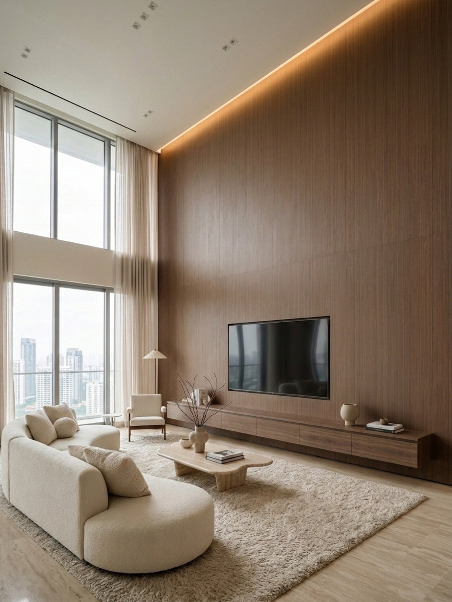 Walnut wood veneer panel feature wall with mounted TV in a double-height modern living room