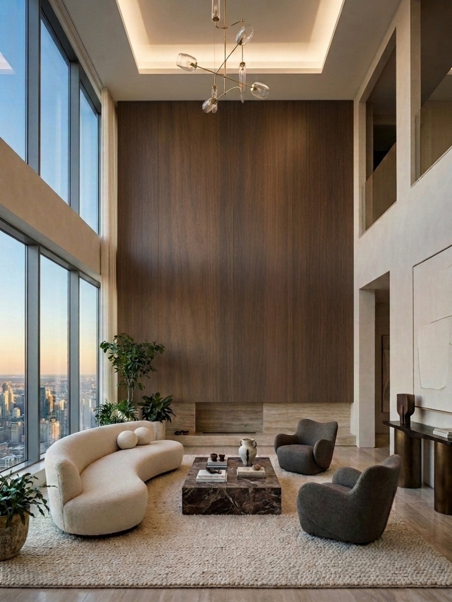 Tall walnut wood veneer panel accent wall in a double-height lounge with curved seating