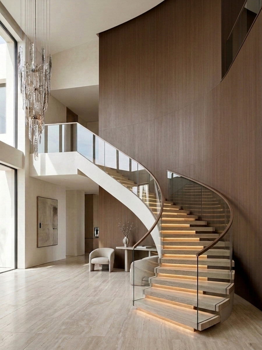 Curved walnut wood veneer panel wall beside an illuminated spiral staircase in a modern foyer