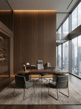 Floor-to-ceiling walnut wood veneer panel wall behind a modern executive desk