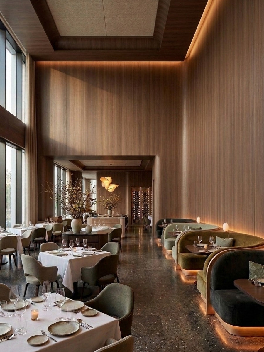 Walnut wood veneer panels lining a softly lit upscale restaurant dining room