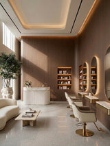 Walnut wood veneer panel walls in a modern salon with illuminated mirrors and styling chairs