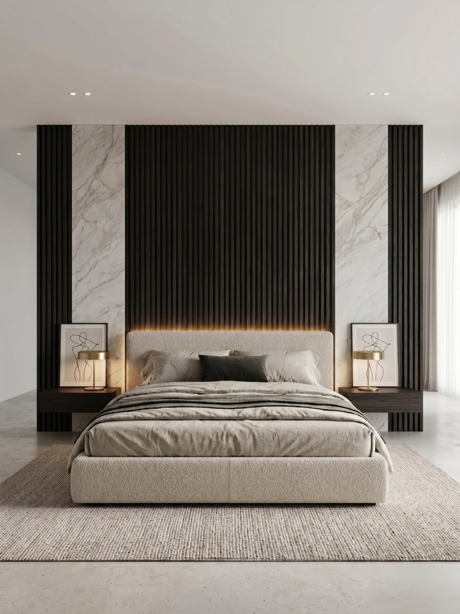Modern bedroom with Walnut Ink Metallic fluted panels and marble-look sections framing the bed