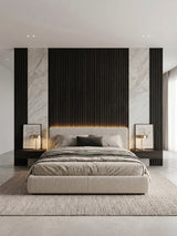 Modern bedroom with Walnut Ink Metallic fluted panels and marble-look sections framing the bed