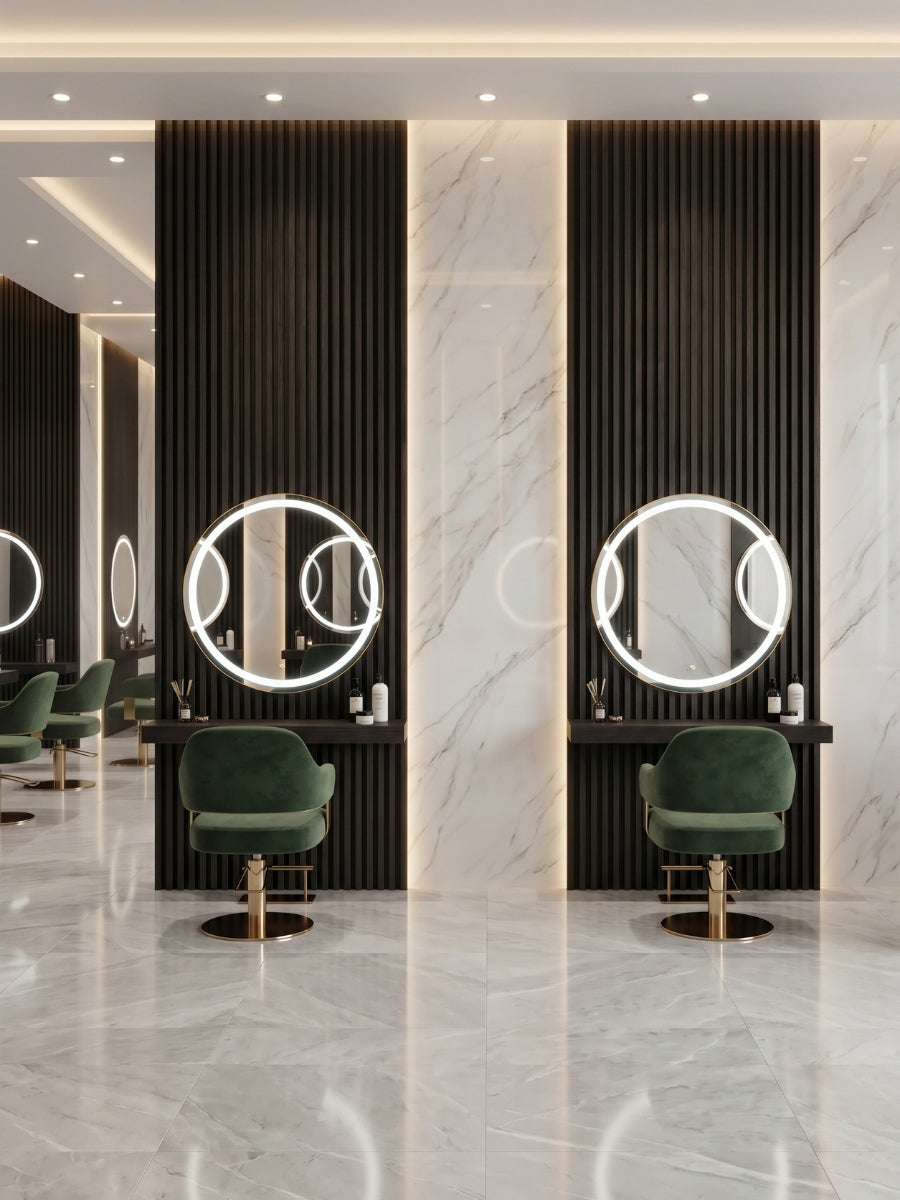 Salon stations with round illuminated mirrors mounted on Walnut Ink Metallic fluted wall panels