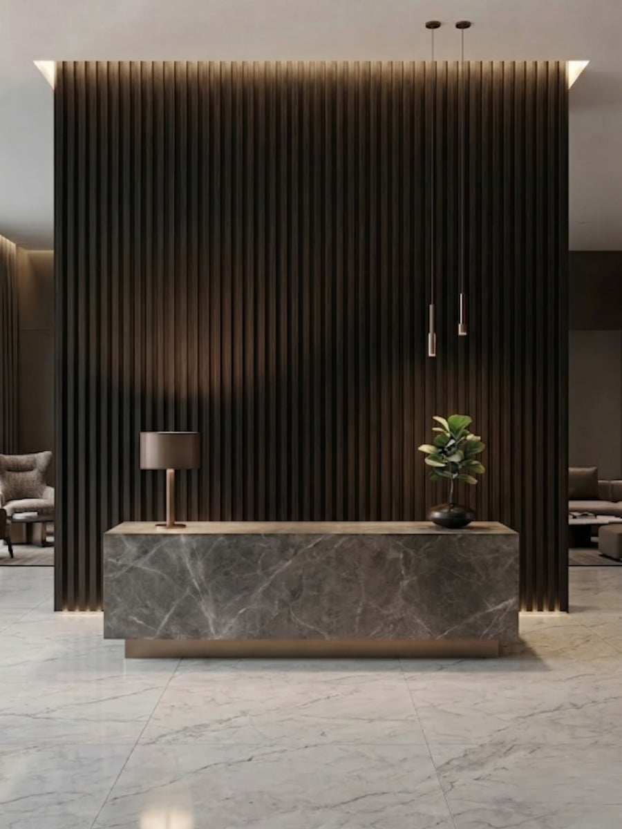 Walnut Ink Metallic 3D fluted feature wall behind a marble reception desk