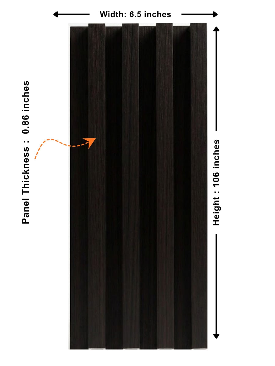 Walnut Ink Metallic WPC fluted wall panel dimensions showing 6.5-inch width, 106-inch height, and 0.86-inch thickness