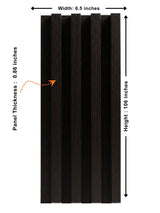 Walnut Ink Metallic WPC fluted wall panel dimensions showing 6.5-inch width, 106-inch height, and 0.86-inch thickness