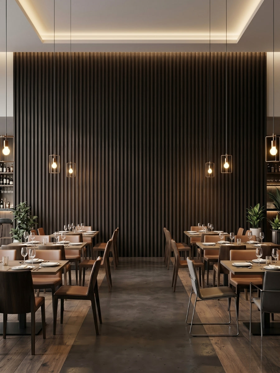 Restaurant dining room featuring a tall accent wall of Walnut Ink Metallic WPC fluted panels