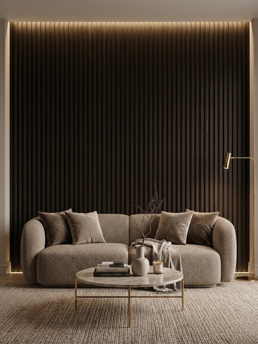 Walnut Ink Metallic 3D fluted panel feature wall behind a curved sofa in a modern living room