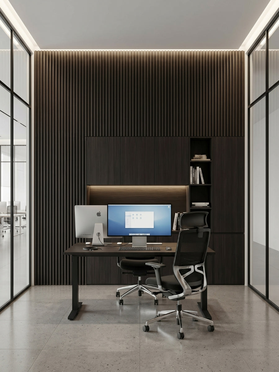 Modern office with Walnut Ink Metallic fluted wall panels behind a desk and dark built-in cabinets