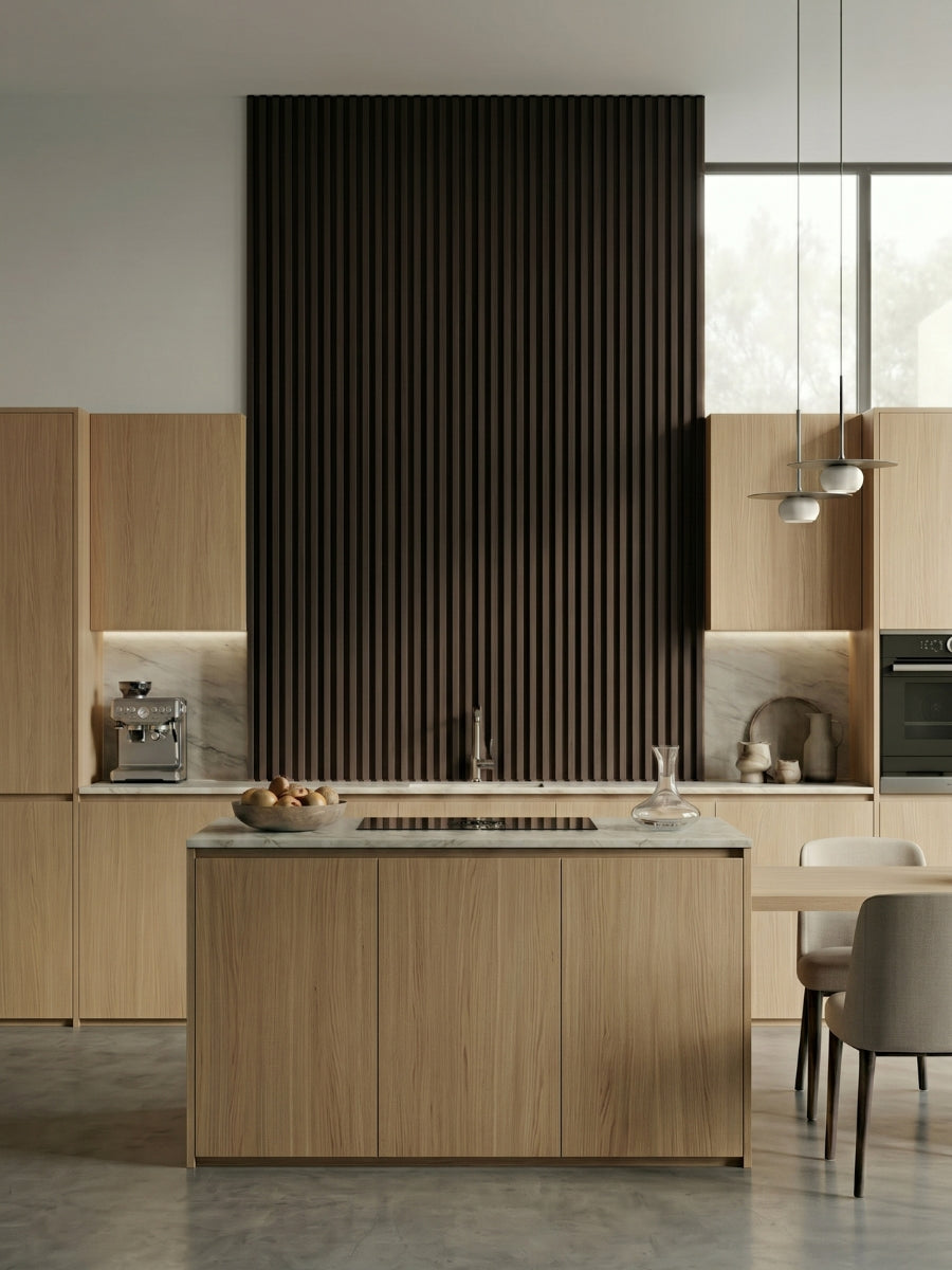 Contemporary kitchen with Walnut Ink Metallic 3D fluted panels forming a tall accent wall above the island