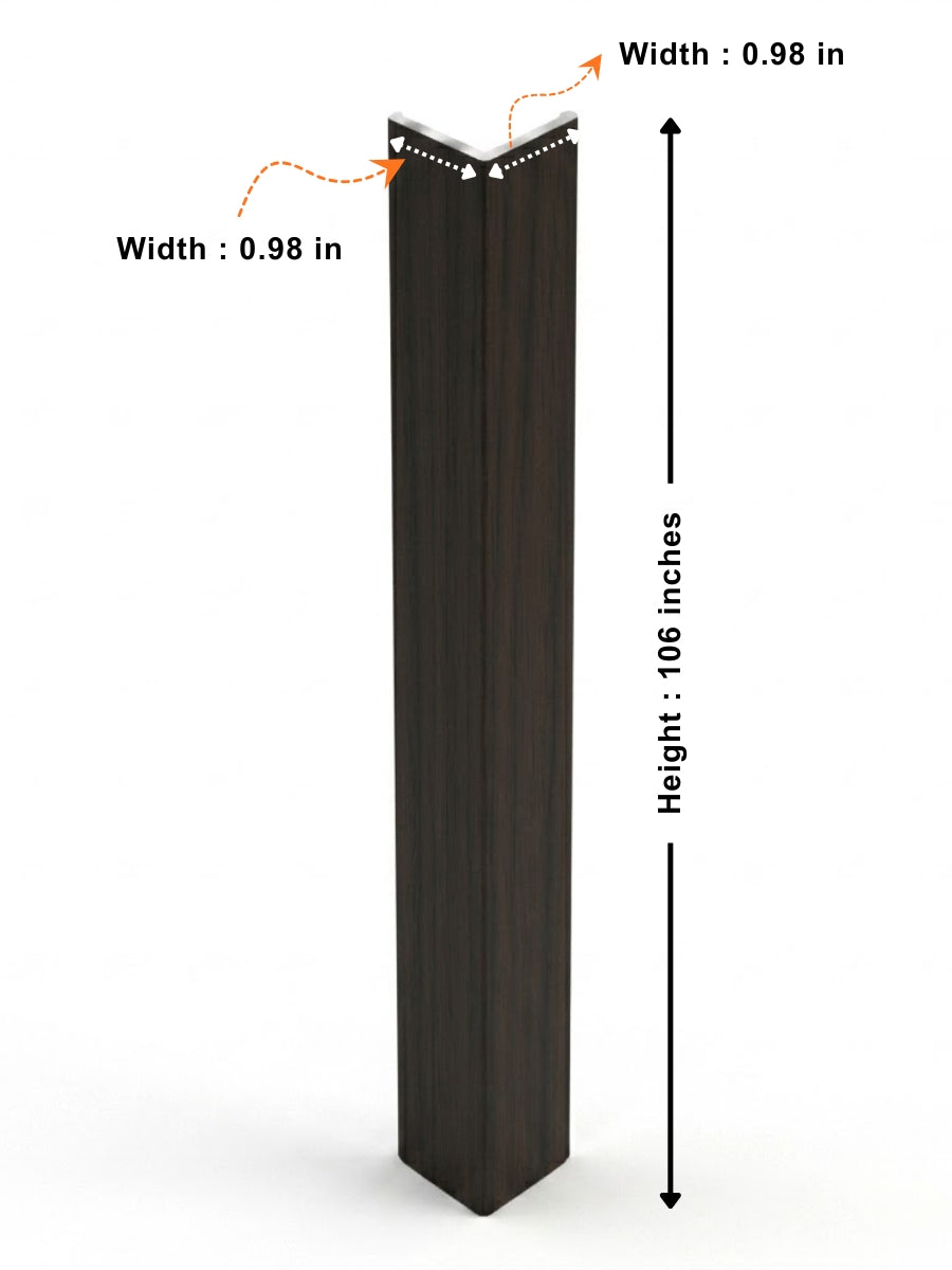 Walnut Ink Metallic corner trim dimensions showing 0.98-inch sides and 106-inch height
