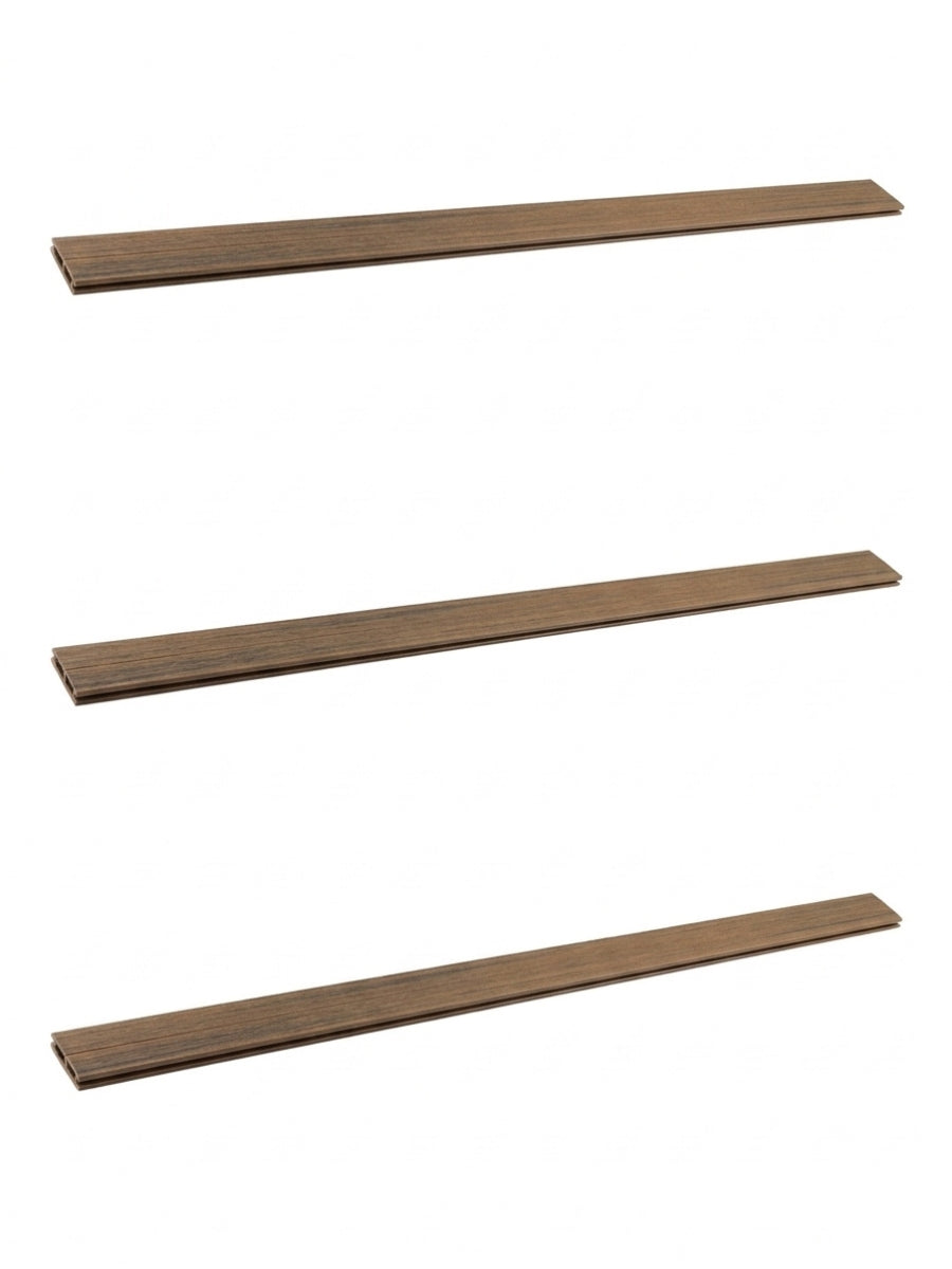 Set of three brown top lattice privacy composite fence replacement boards with wood-grain finish