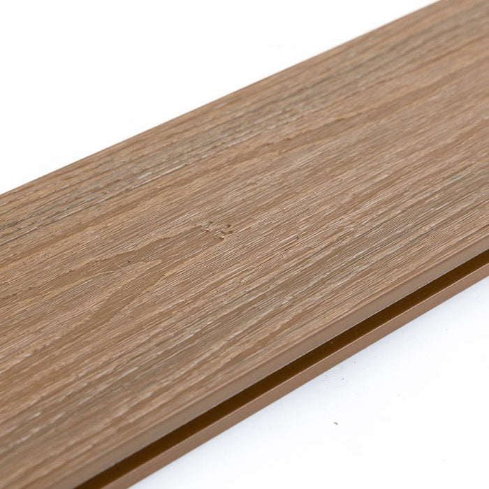 Light brown walnut-finish composite deck board with wood grain texture