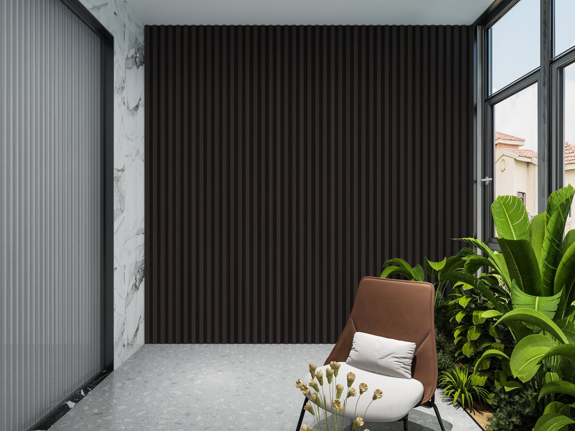 Walnut Ink WPC Fluted 3D Wall Panels. Accel Distribution Inc. Balcony Design With WPC Fluted Wall Panels