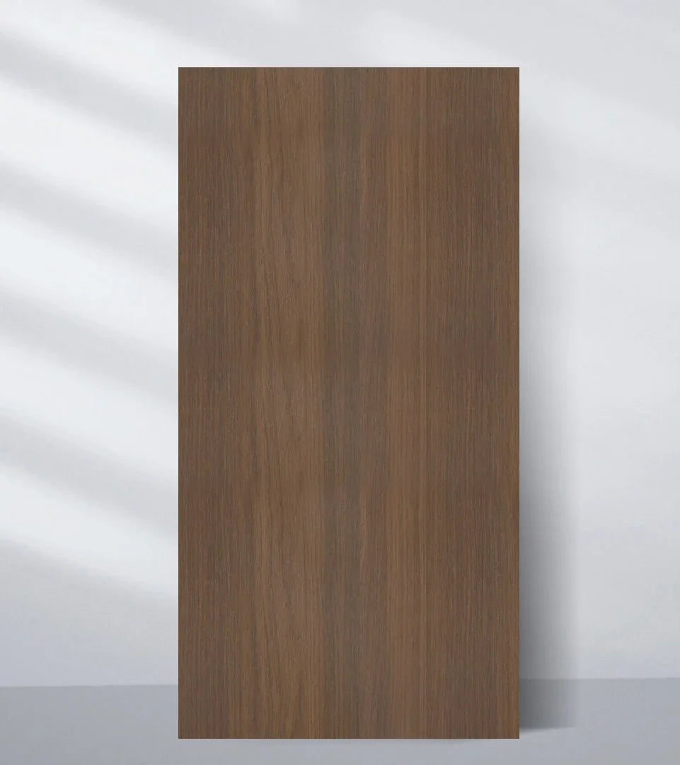Full-length view of a warm brown wood veneer wall panel sample