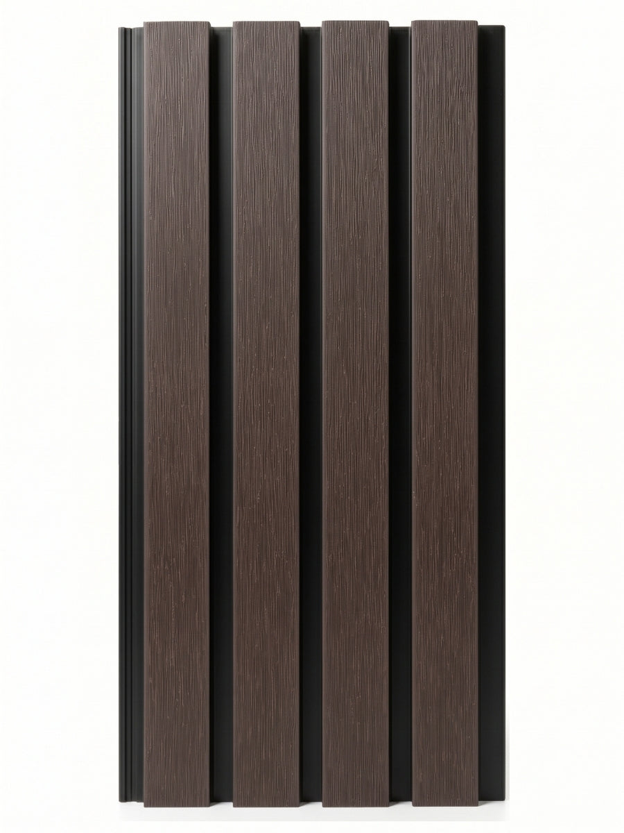 Dark brown and black composite wide exterior cladding panel with vertical wood-grain slats
