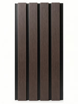 Dark brown and black composite wide exterior cladding panel with vertical wood-grain slats