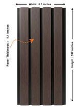 Dark brown and black composite cladding panel with labeled 8.7-inch width, 107-inch height, and 1.1-inch thickness