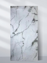 PVC marble sheet sample with soft gray veining and dark accents on white