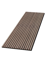 White oak acoustic wood slat wall panel with long veneered slats on black backing