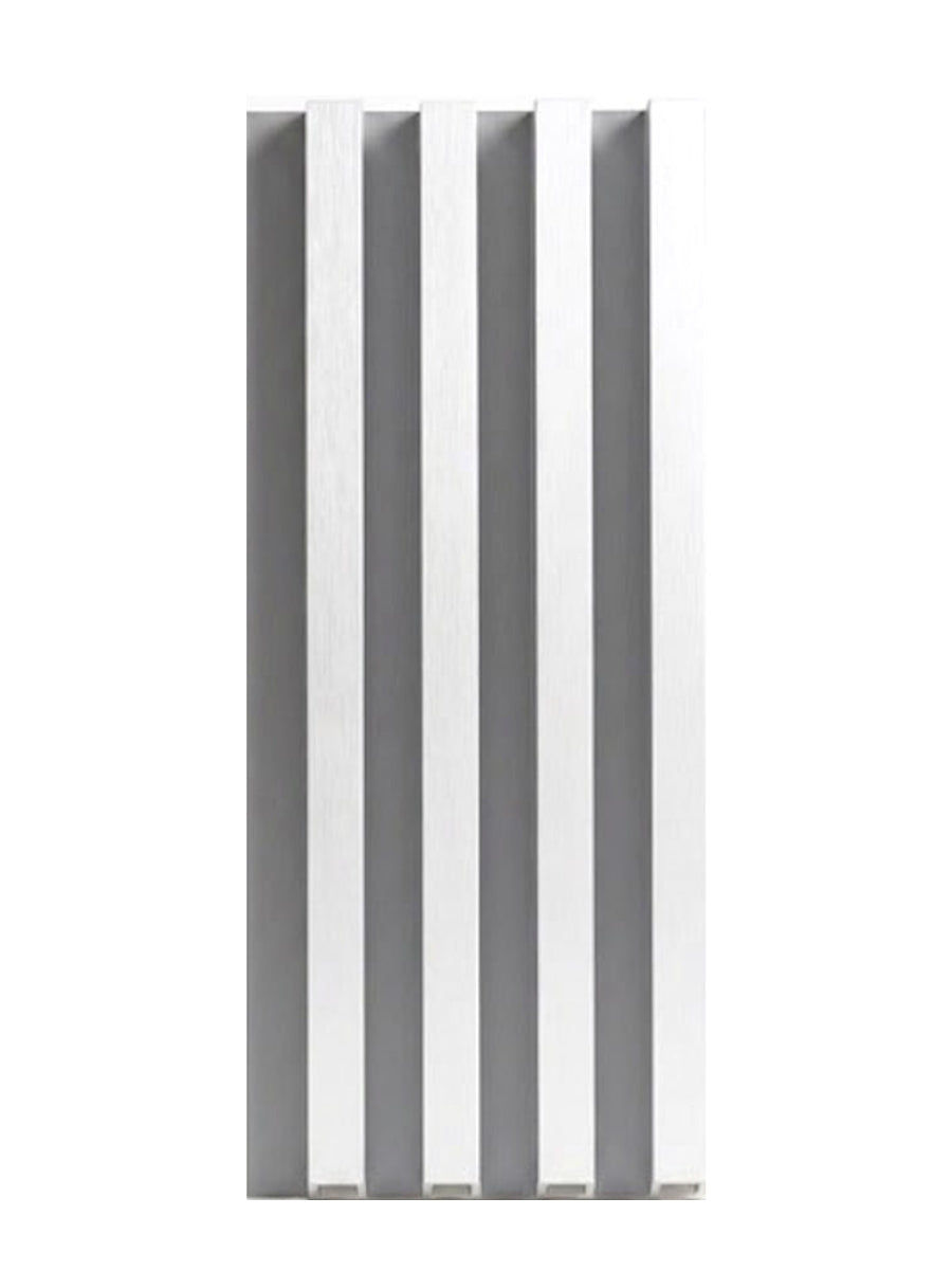 Front view of a white brushed WPC fluted 3D wall panel with raised vertical slats and recessed gray grooves
