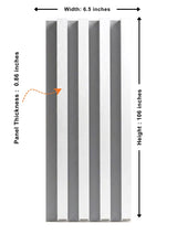 White brushed WPC fluted wall panel diagram showing 6.5-inch width, 106-inch height, and 0.86-inch thickness
