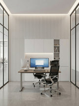 White brushed WPC fluted wall panels installed behind desks in a glass-walled modern office