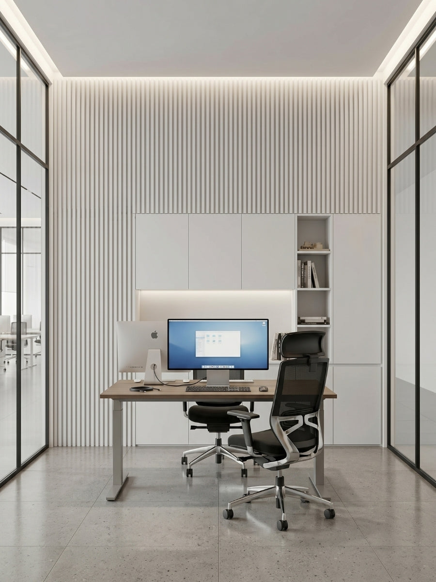 White brushed WPC fluted wall panels installed behind desks in a glass-walled modern office