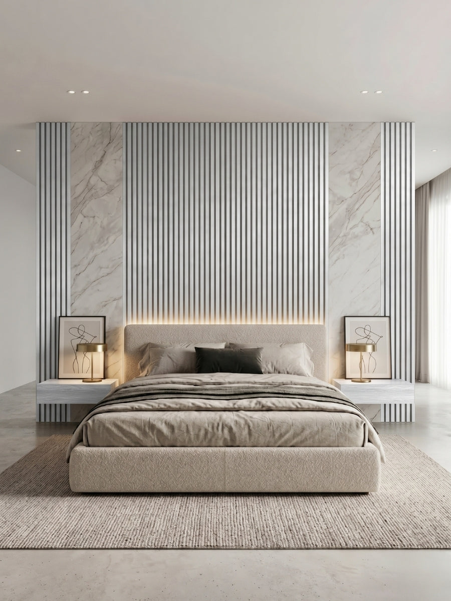 White brushed WPC fluted panels paired with marble-look sections on a modern bedroom feature wall