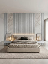 White brushed WPC fluted panels paired with marble-look sections on a modern bedroom feature wall