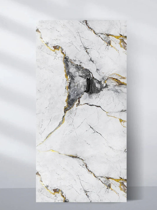 Full 4 x 8 ft white and deep gray marble PVC wall panel with bold charcoal and gold veining