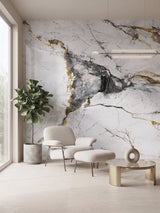 White and deep gray marble PVC wall panel installed behind a lounge chair in a modern sitting area