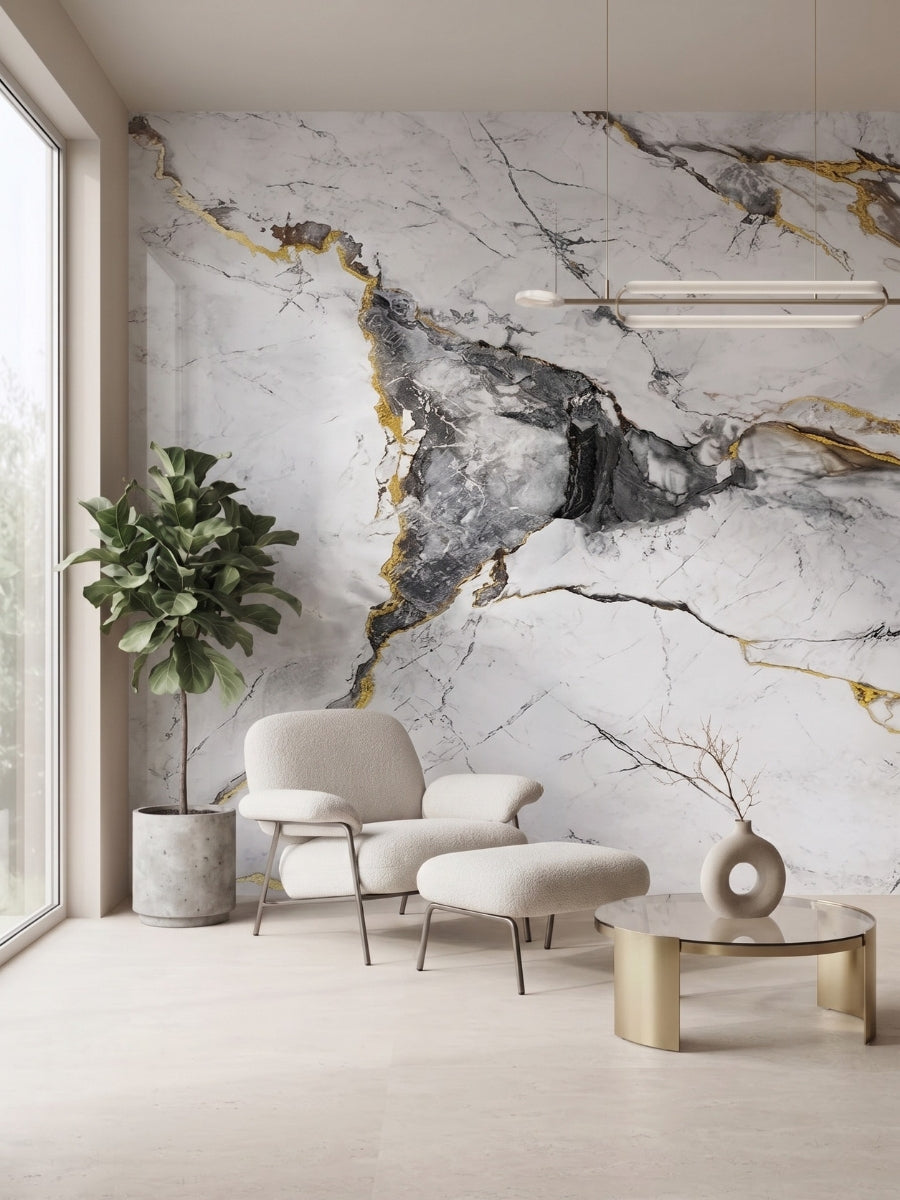White and deep gray marble PVC wall panel installed behind a lounge chair in a modern seating area