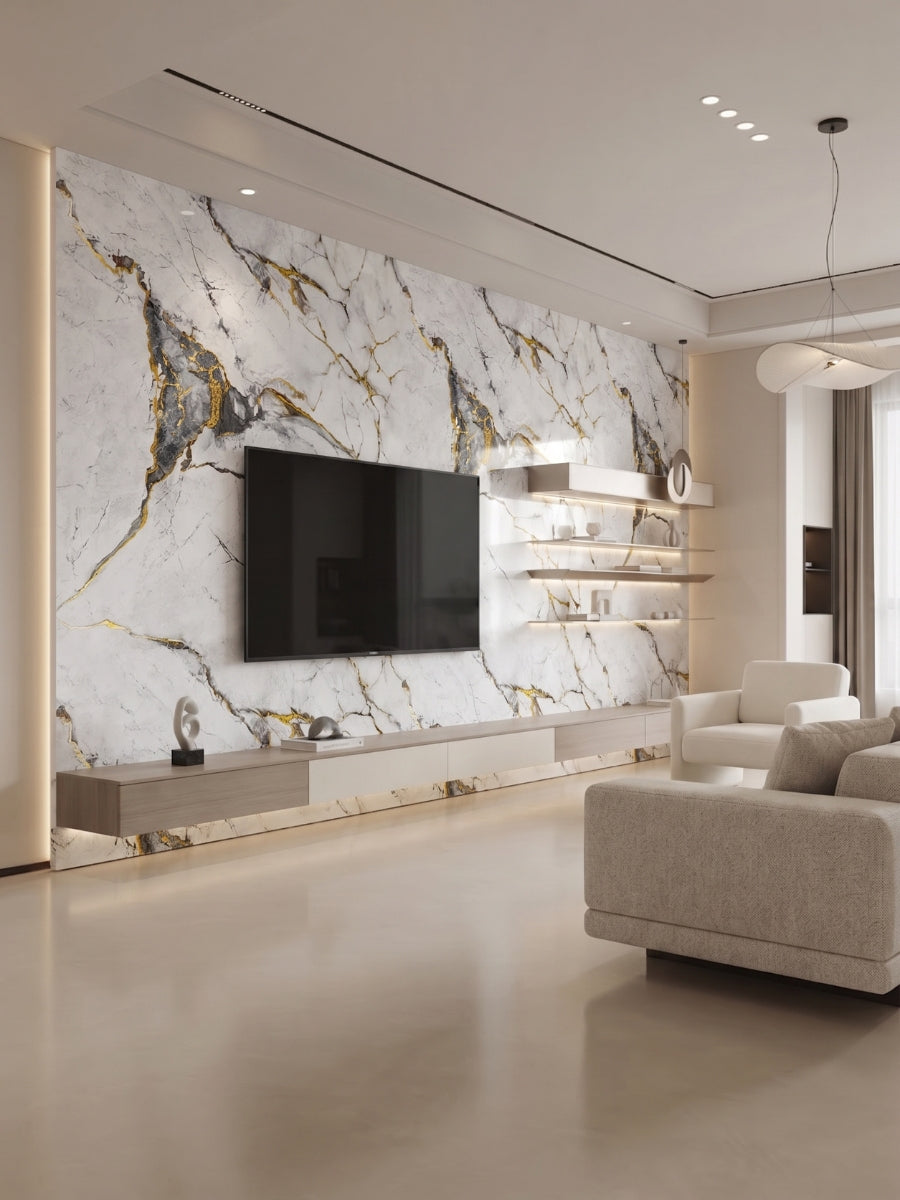White and deep gray marble PVC wall panels with gold veining on a modern living room TV wall