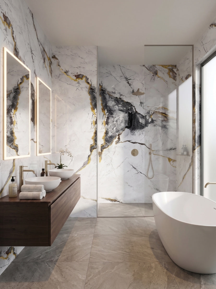 White and deep gray marble PVC wall panels surrounding a glass shower and freestanding bathtub