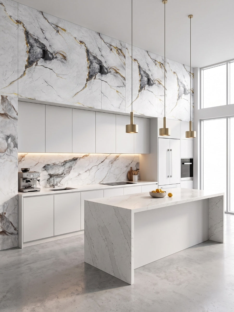 White and deep gray marble PVC wall panels used as upper wall cladding and a kitchen backsplash