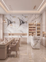 White deep gray marble PVC wall panels with gold veining installed in a modern salon interior