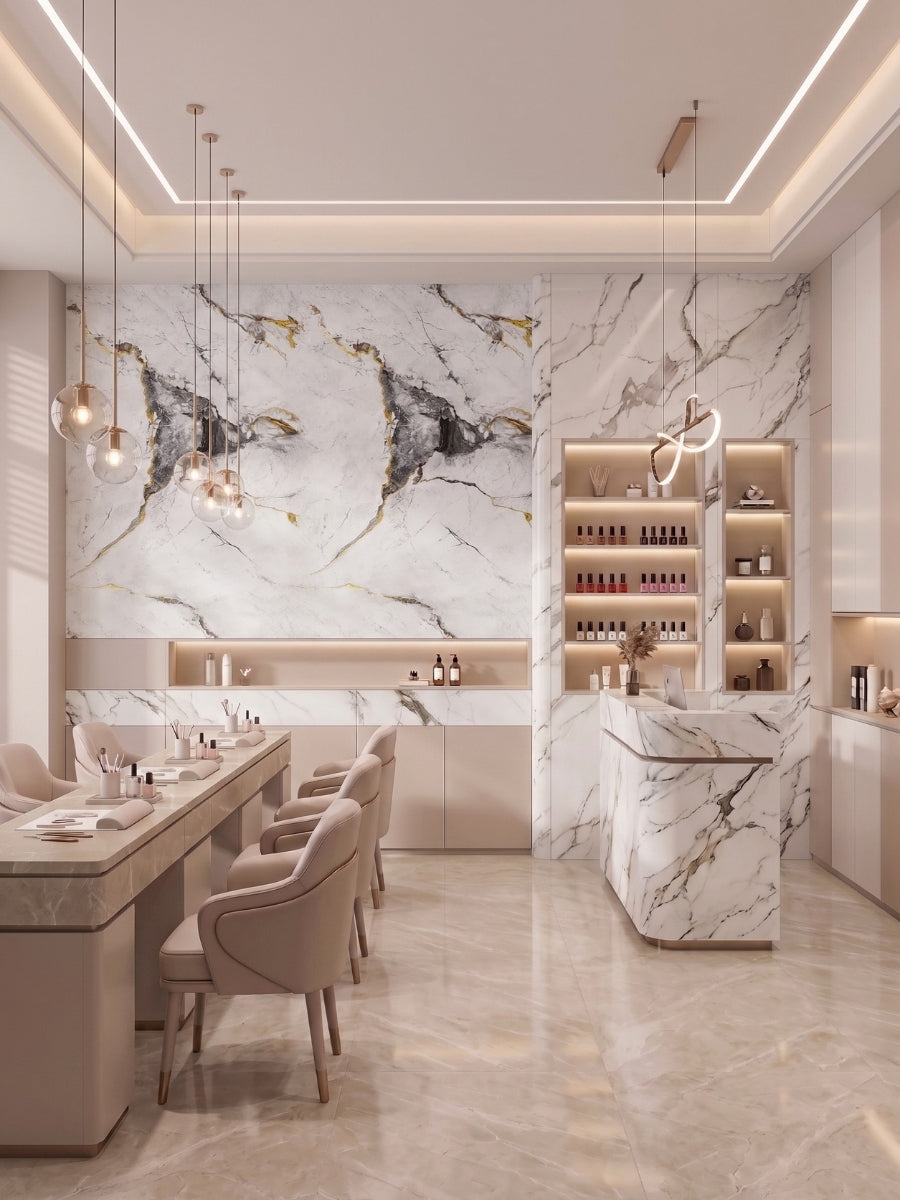 White and deep gray marble PVC wall panels with gold veining installed in a modern salon interior