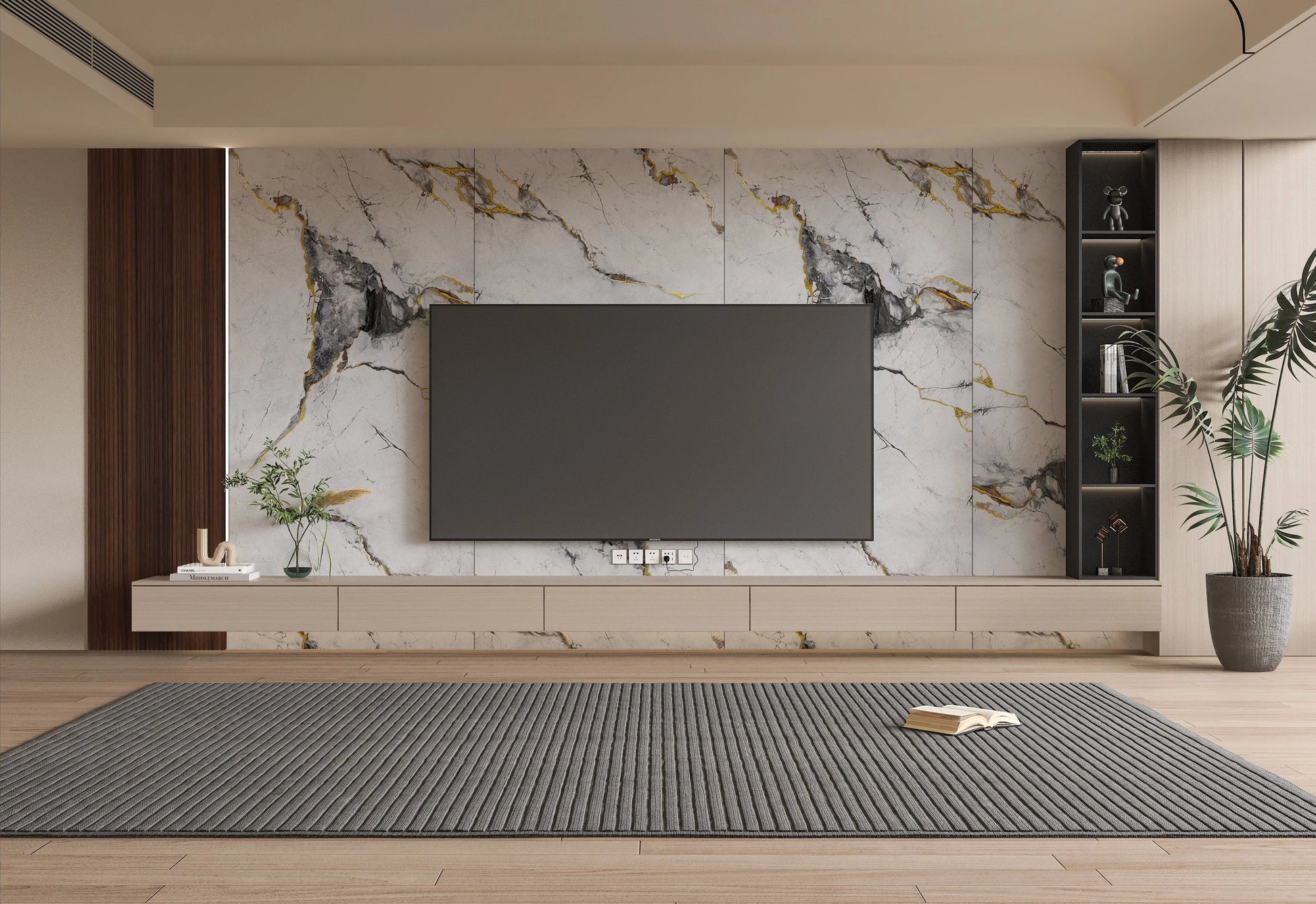 White deep gray marble effect PVC wall panel for TV room walls